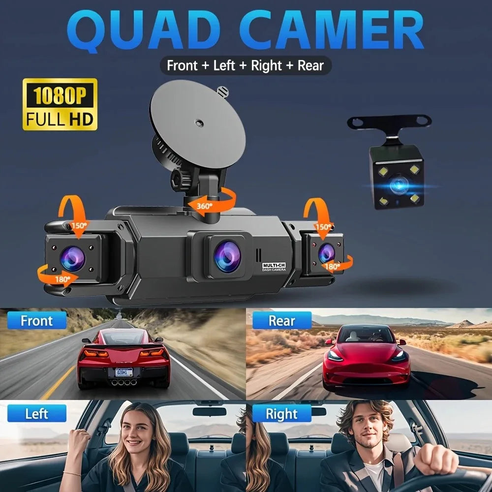 A quad camera dash cam showing front, left, right, and rear views of a car.
