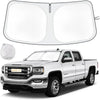 A white BMW pickup truck with a folded sunshade shown next to the unfolded shade.