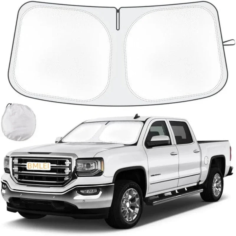 A white BMW pickup truck with a folded sunshade shown next to the unfolded shade.