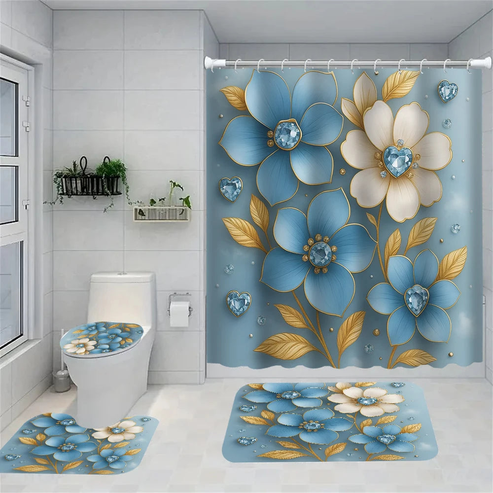 Blue and white peony floral shower curtain set with matching rug and toilet cover