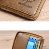 A brown leather wallet with a zipper shows details including the brand name and several cards inside.