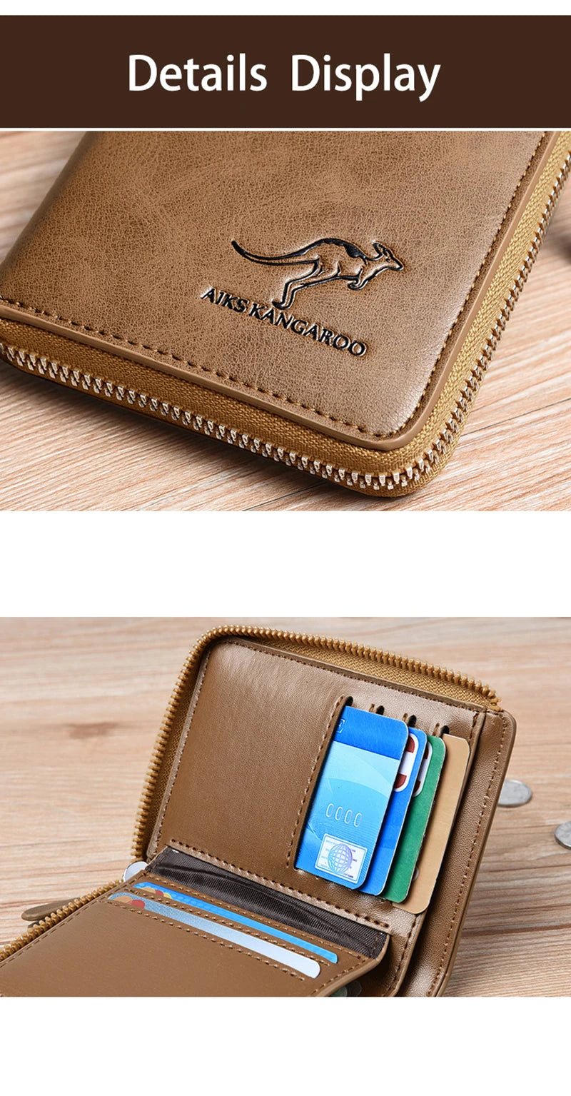 A brown leather wallet with a zipper shows details including the brand name and several cards inside.