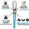 A close-up view of a heavy-duty aluminum rope tensioner featuring a quick-lock cam buckle and a one-pull tightening mechanism