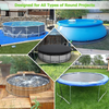 Various round projects including a blue pool cover, a black planter, and a wooden fire pit.