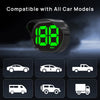 A green digital speedometer display mounted on a black housing, shown with icons of various car models below.