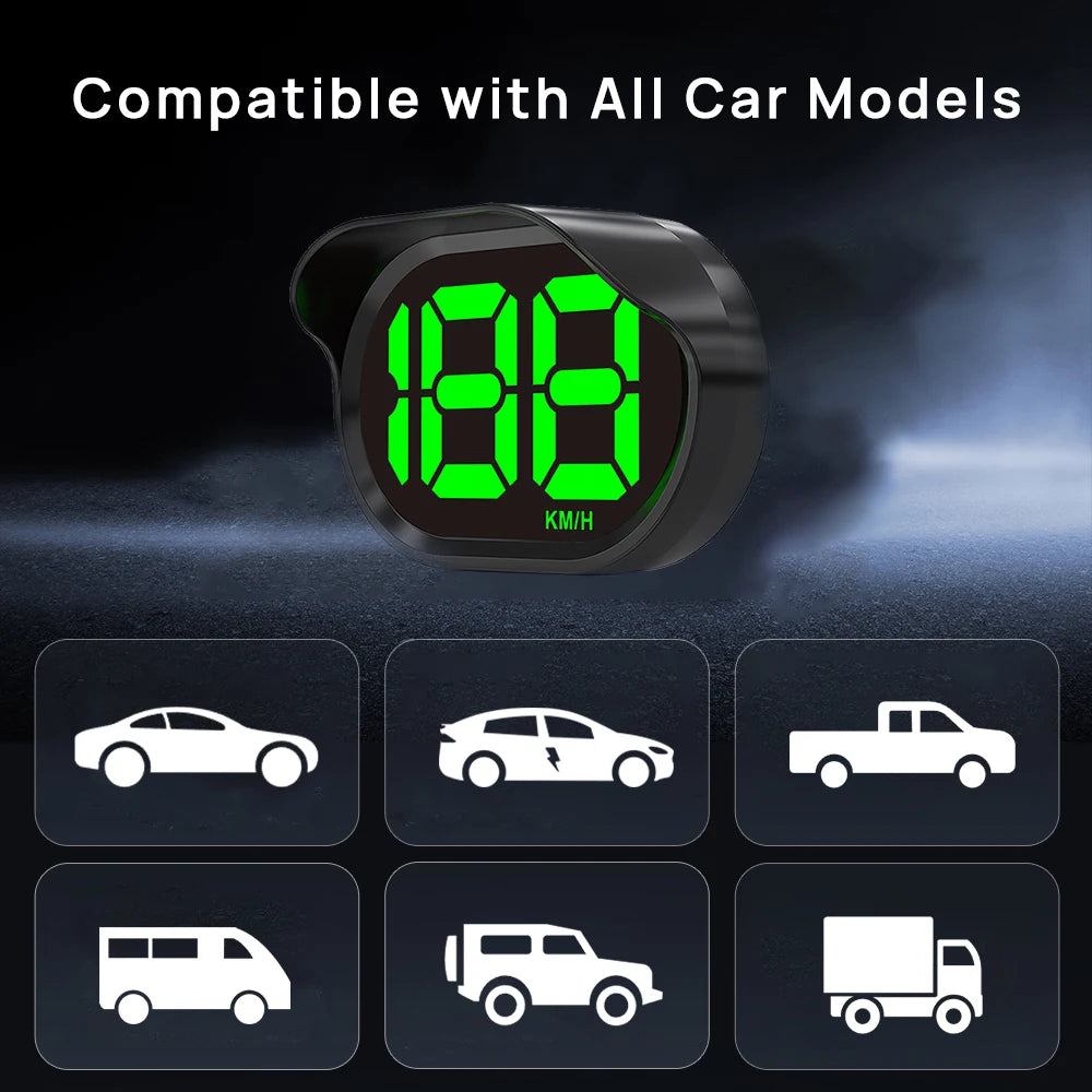 A green digital speedometer display mounted on a black housing, shown with icons of various car models below.