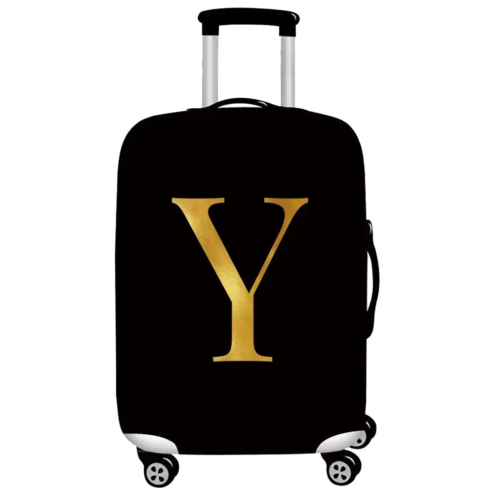 Black luggage with a gold letter Y print and a silver handle