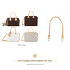 Three bags in brown and white with leather straps shown alongside a single brown shoulder strap.