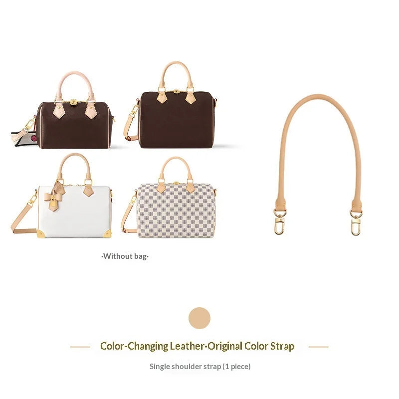 Three bags in brown and white with leather straps shown alongside a single brown shoulder strap.