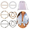A set of metal scarf ring clips and a lavender fabric pouch for fashion accessories.