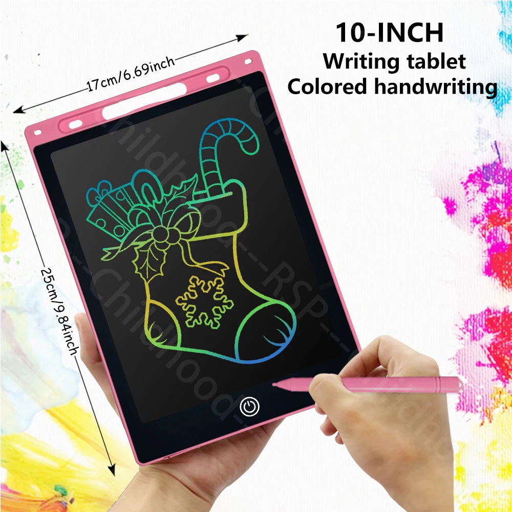A hand holds a 10-inch pink LCD writing tablet displaying a green drawing, with a pink stylus used for handwriting.