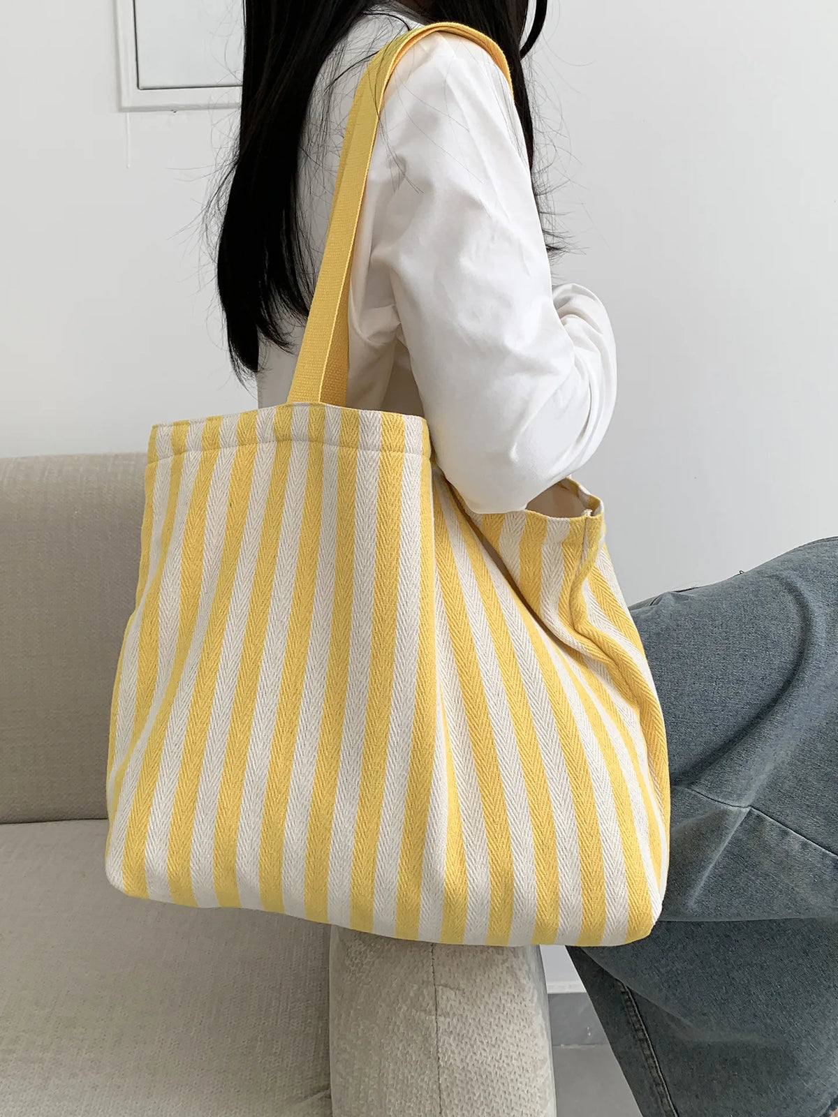 Striped Canvas Shoulder Tote Bag