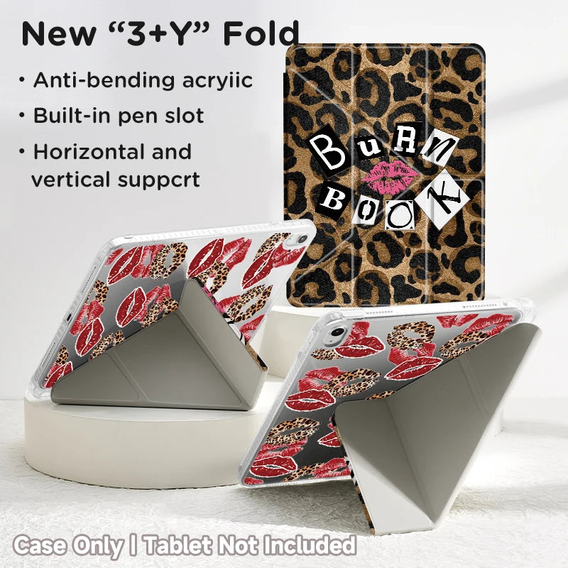 A new 3+Y Fold case in leopard print features an anti-bending acrylic design with a built-in pen slot.