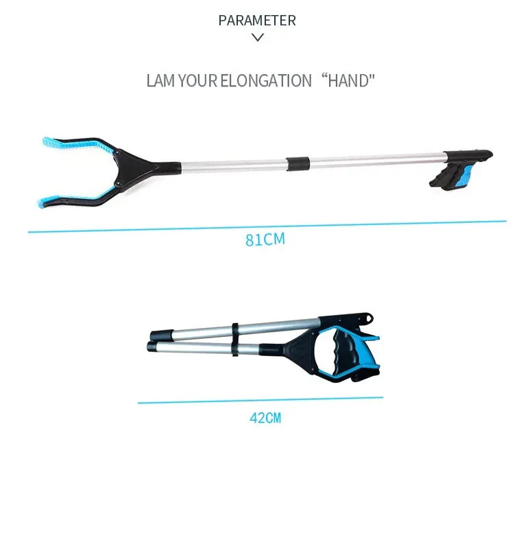 A silver foldable extra-long pickup tool with a black rotating grip shown in two lengths.