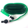 Green flat soaker hose with a rain-like spray nozzle for watering lawns and gardens