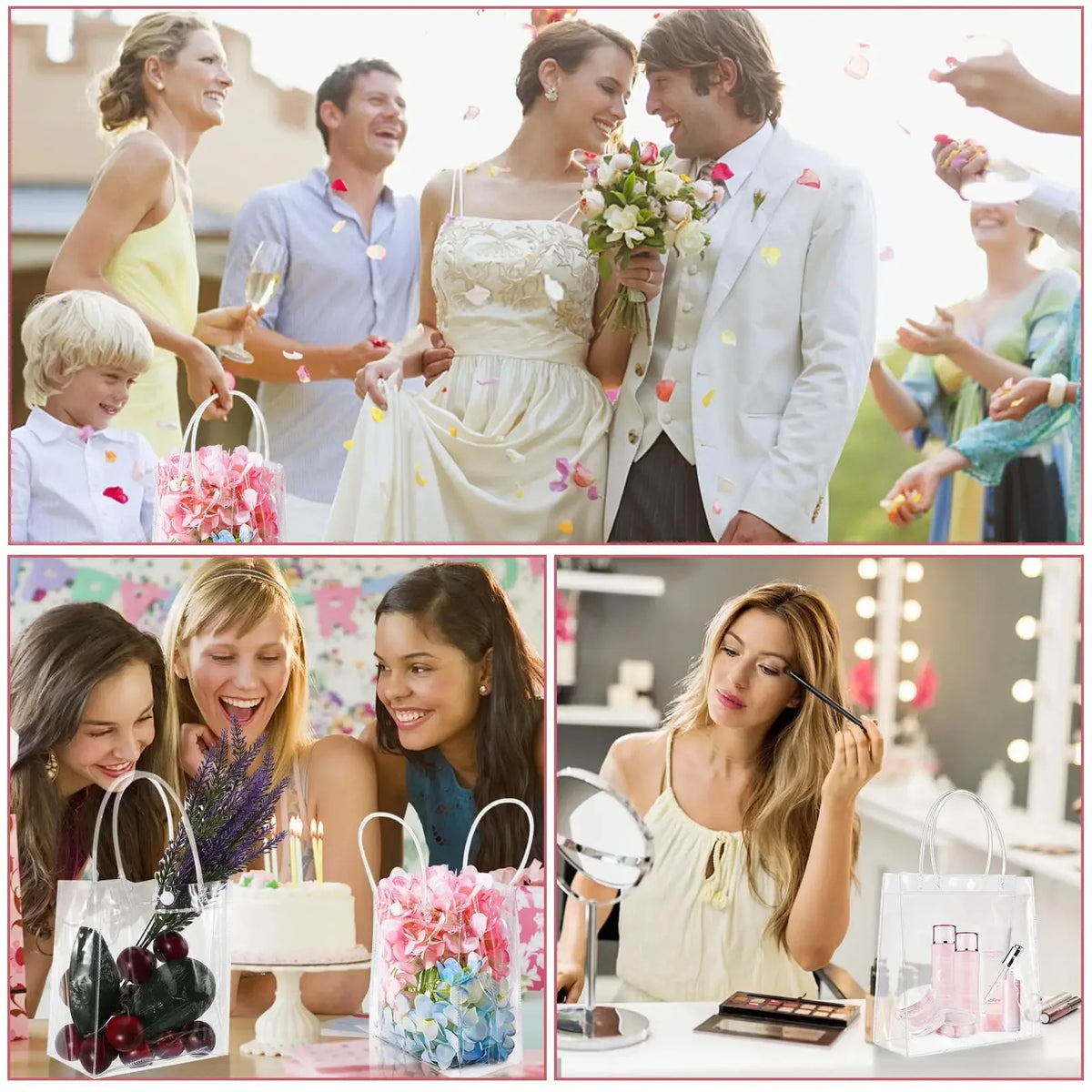 A collection of transparent PVC gift tote bags with hand loops in various colors and designs.