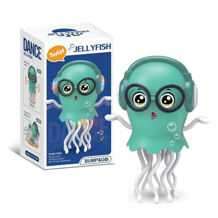 A green Jellyfish toy with large glasses and tentacles is shown next to its packaging box.