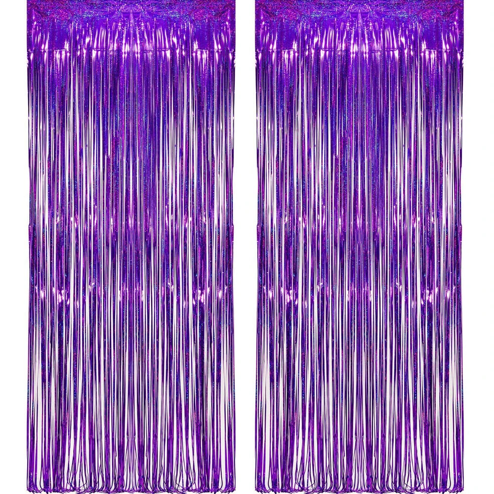 Un par de cortinas de flecos de papel de aluminio púrpura rosa dorado reluciente