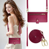 A woman models a pink crossbody phone wallet with a zipper closure and card slots.