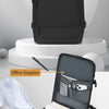 A black durable nylon travel laptop backpack showing its opening and closing design, with internal compartments for office su