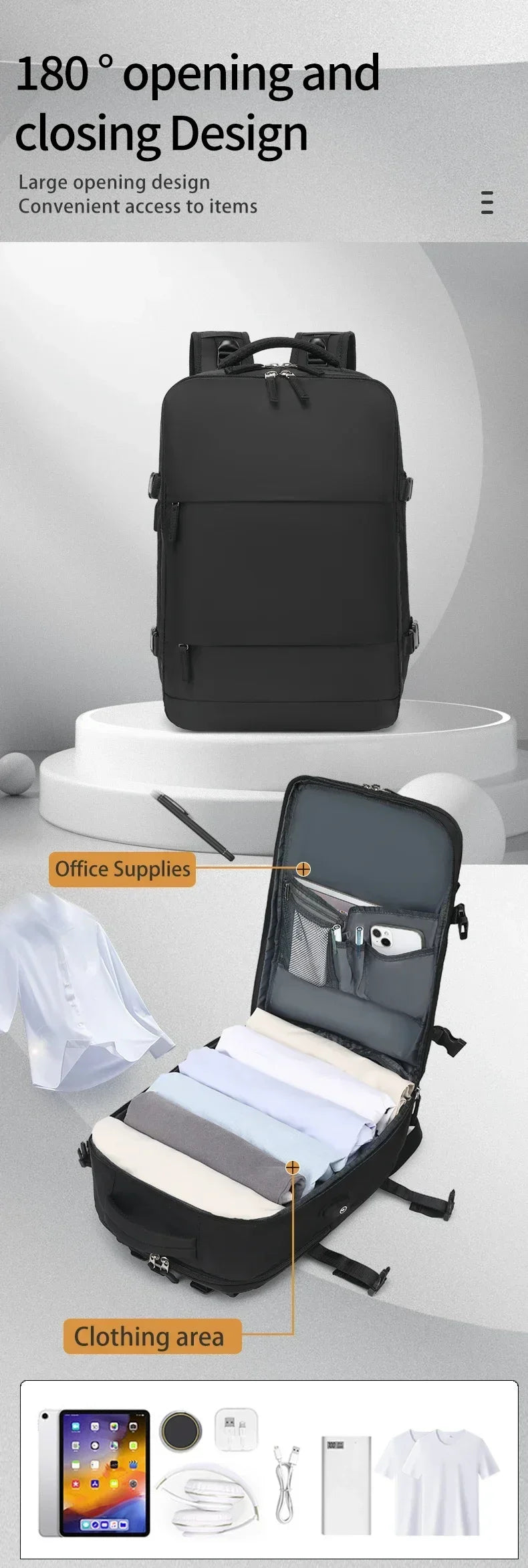 A black durable nylon travel laptop backpack showing its opening and closing design, with internal compartments for office su