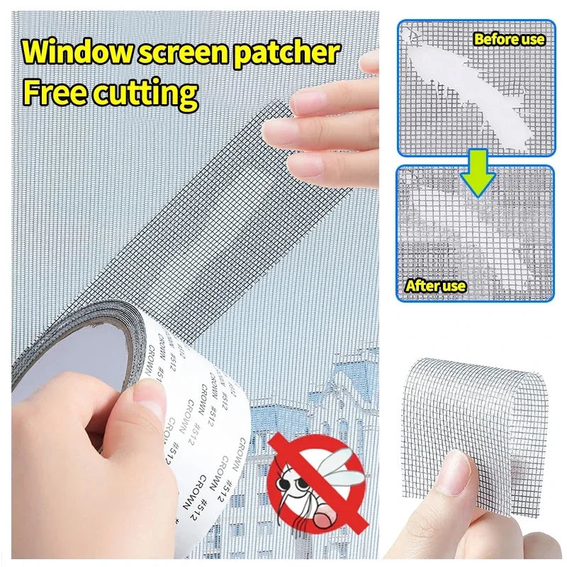 A hand is applying a window screen patcher to a window, demonstrating free cutting of self-adhesive mesh repair patches.