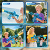 Four images showing kids playing with an electric water gun outdoors and in a courtyard.