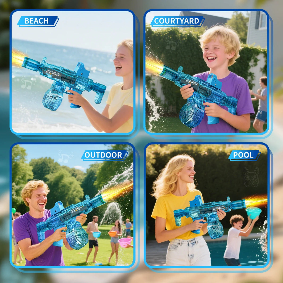 Four images showing kids playing with an electric water gun outdoors and in a courtyard.