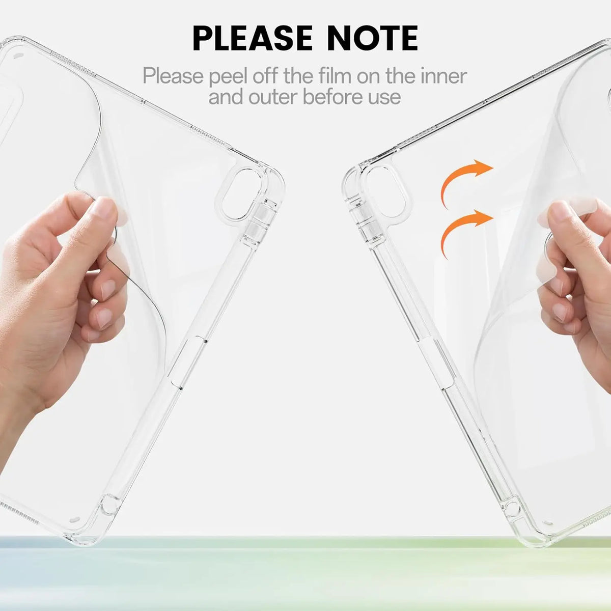Hands are peeling a film off the inner and outer layers of a clear foldable iPad case before use.