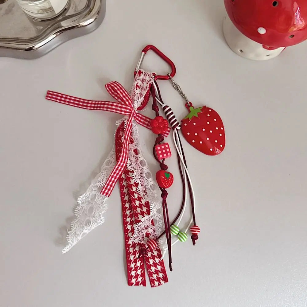 Strawberry Bag Charm Keychain with Ribbon Bow