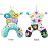 A high contrast tummy time pillow for babies featuring colorful animal faces and fruit designs, shown from the front and back
