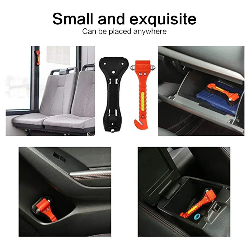 Emergency escape hammer and seatbelt cutter tools displayed in various contexts.