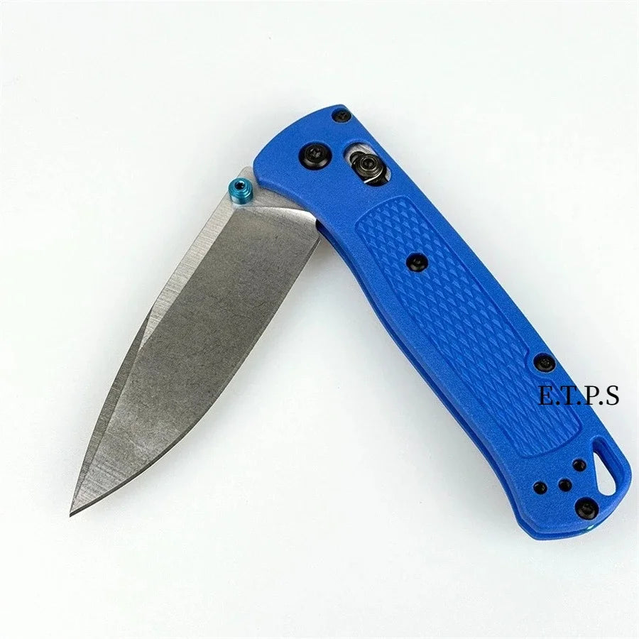 A blue folding pocket knife with a drop point blade shown from the side.