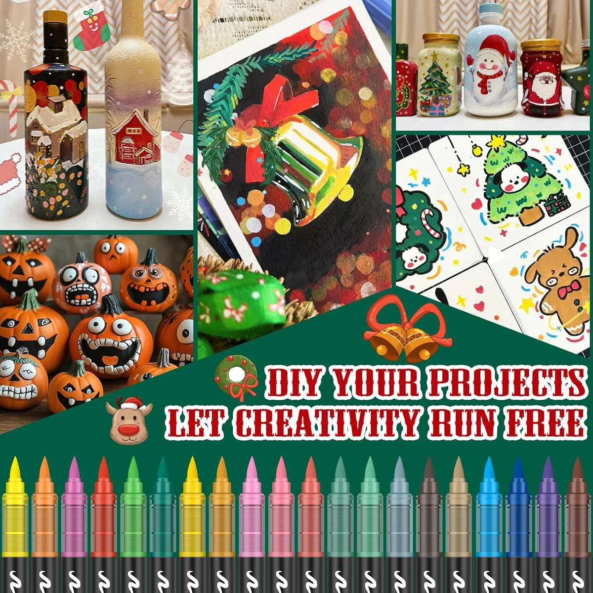 A collection of professional acrylic markers in various colors and tips, displayed on a dark background.