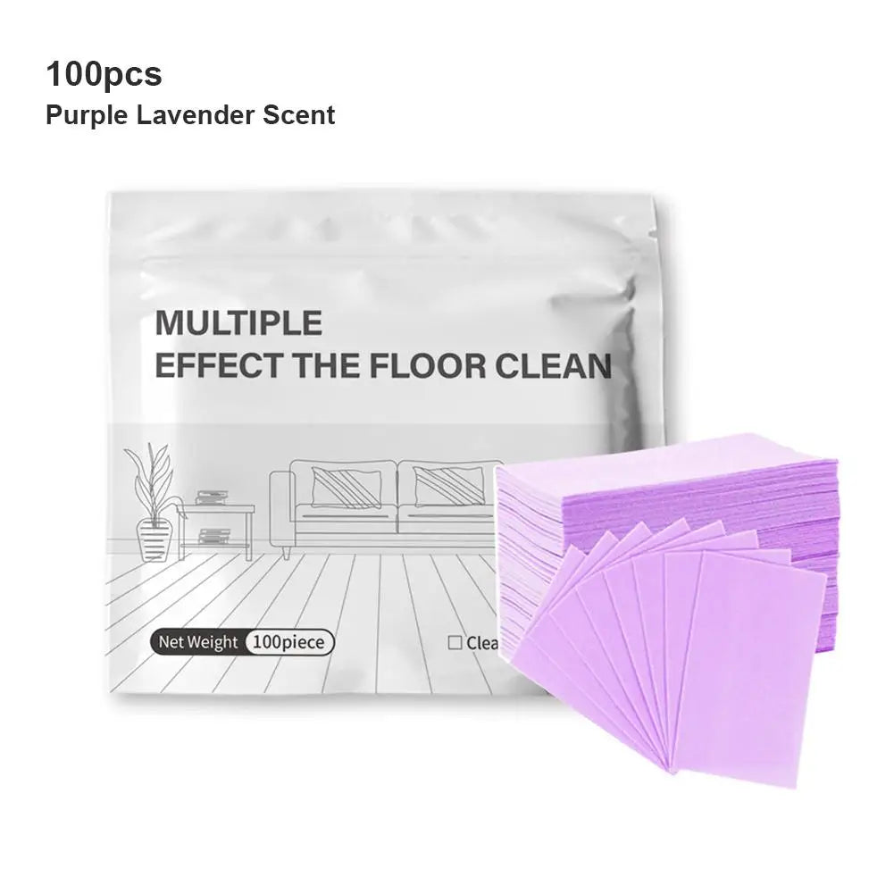 A package of 100 purple lavender scent floor cleaning tablets next to a stack of purple cleaning sheets.