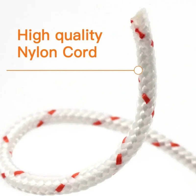 A close-up of high quality white nylon cord with red accents used as a recoil starter rope.