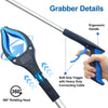 A close-up view of a black and blue foldable reacher grabber tool showing its ergonomic handle, soft grip trigger, and 360-de