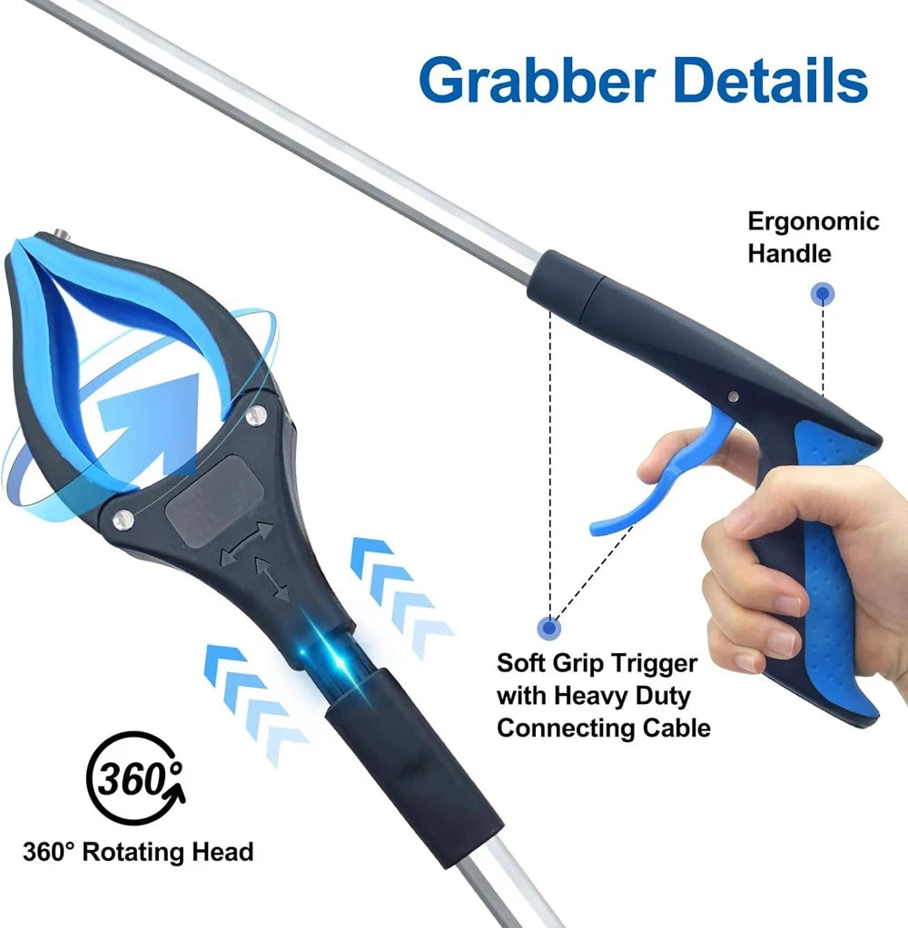 A close-up view of a black and blue foldable reacher grabber tool showing its ergonomic handle, soft grip trigger, and 360-de