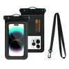 A black waterproof floating phone case with an orange trim and a detachable black strap is shown.