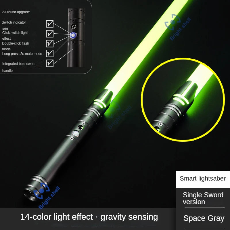 A black lightsaber with a bright green blade and integrated features shown against a dark background.
