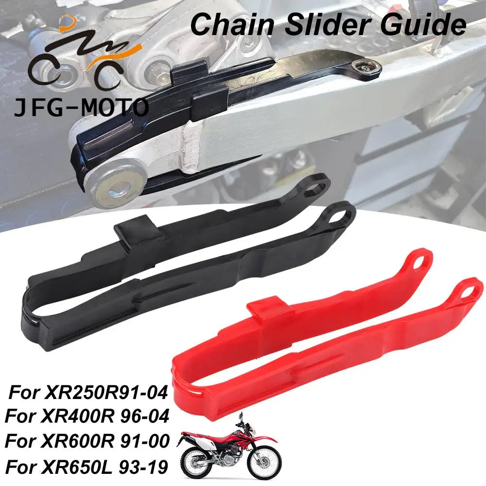Set of black and red chain slider guides for various Honda XR motorcycles.