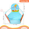 A light blue foldable kids ball pit play tent with an orange storage basket and a yellow cartoon animal design.