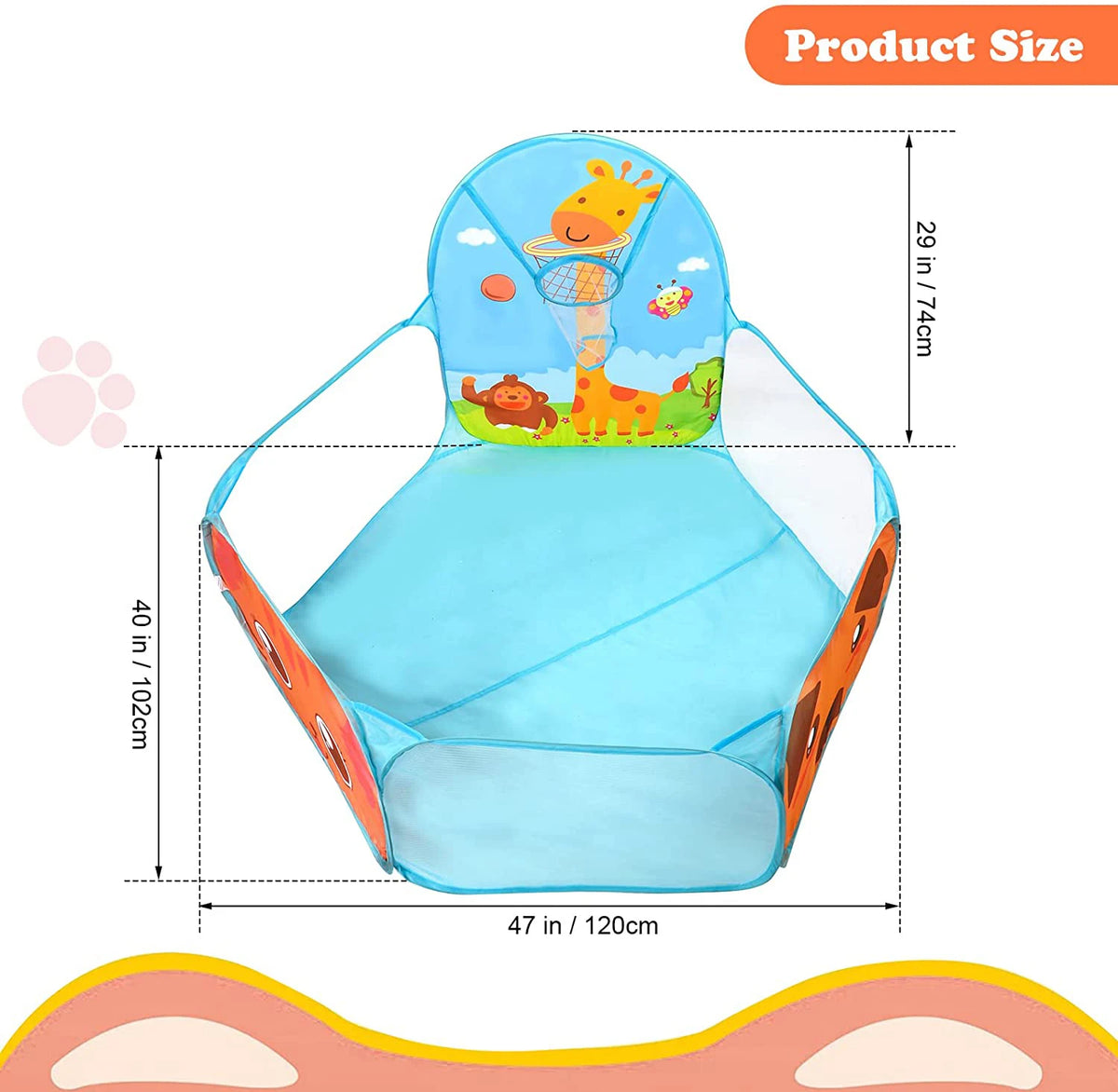 A light blue foldable kids ball pit play tent with an orange storage basket and a yellow cartoon animal design.