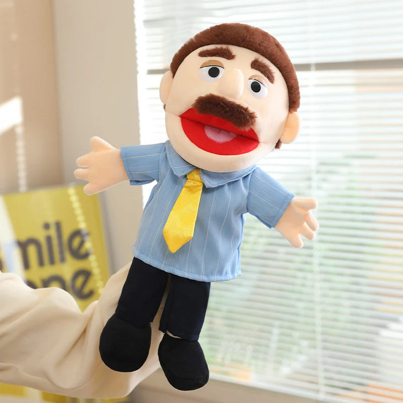 A soft plush full-body hand puppet resembling a man with a mustache wearing a blue shirt and yellow tie.