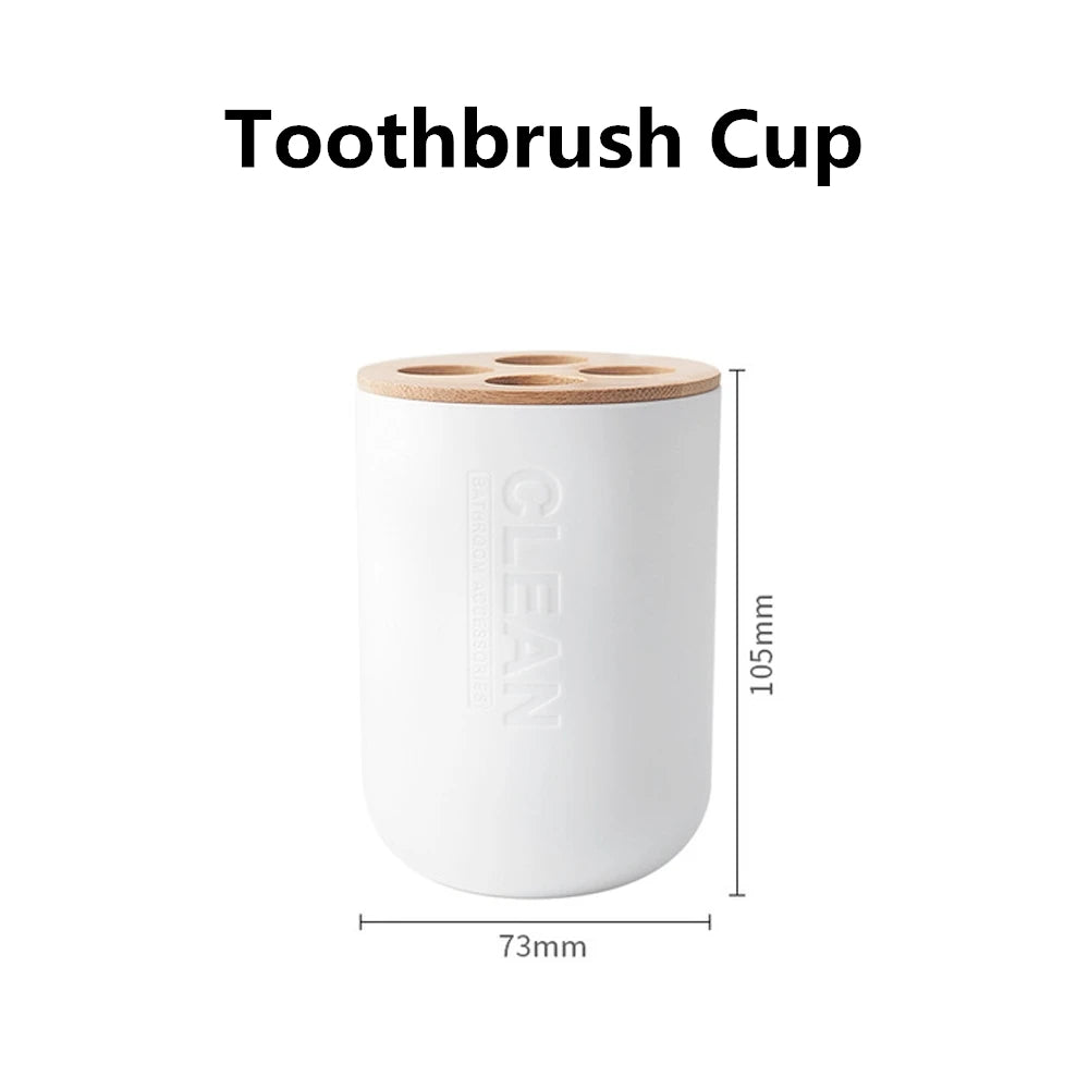 White bamboo toothbrush cup with a wooden lid and a cleaning line embossed on the side.
