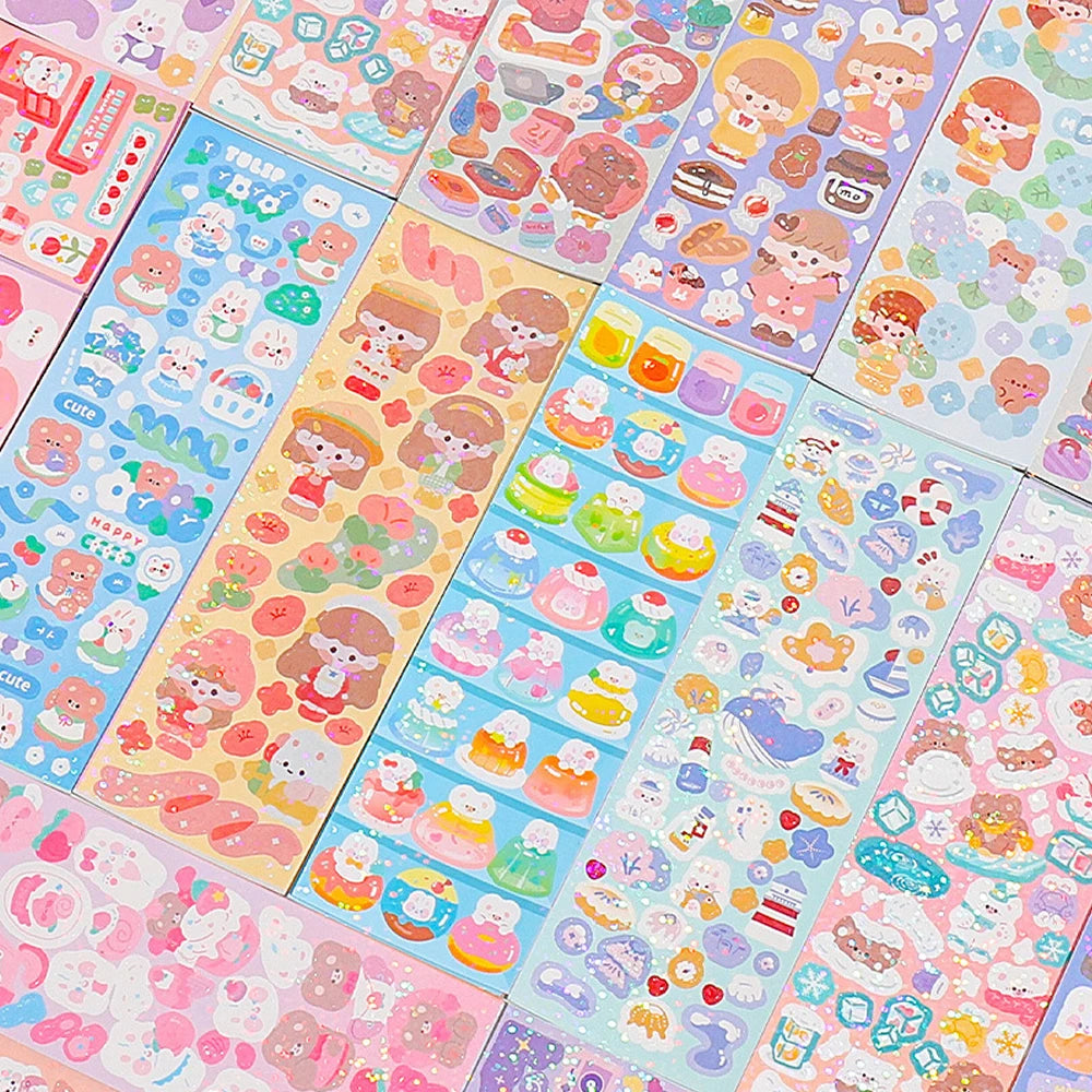A colorful pack of kawaii stickers featuring cute characters, food items, and various designs for journaling and crafts.