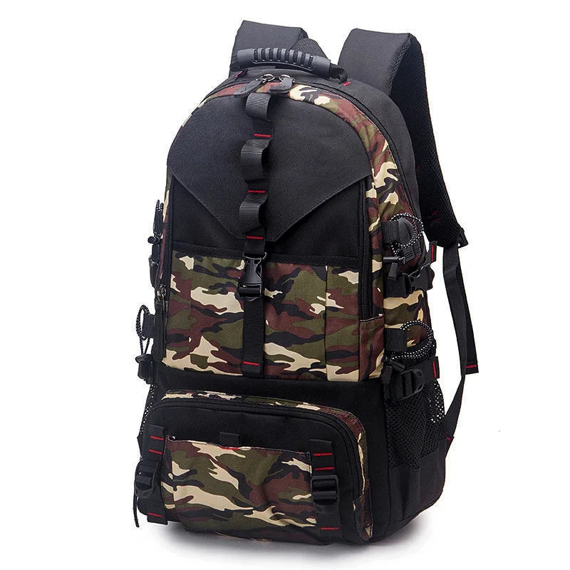 A black and camouflage travel backpack featuring multiple compartments, including a shoe section and laptop sleeve.