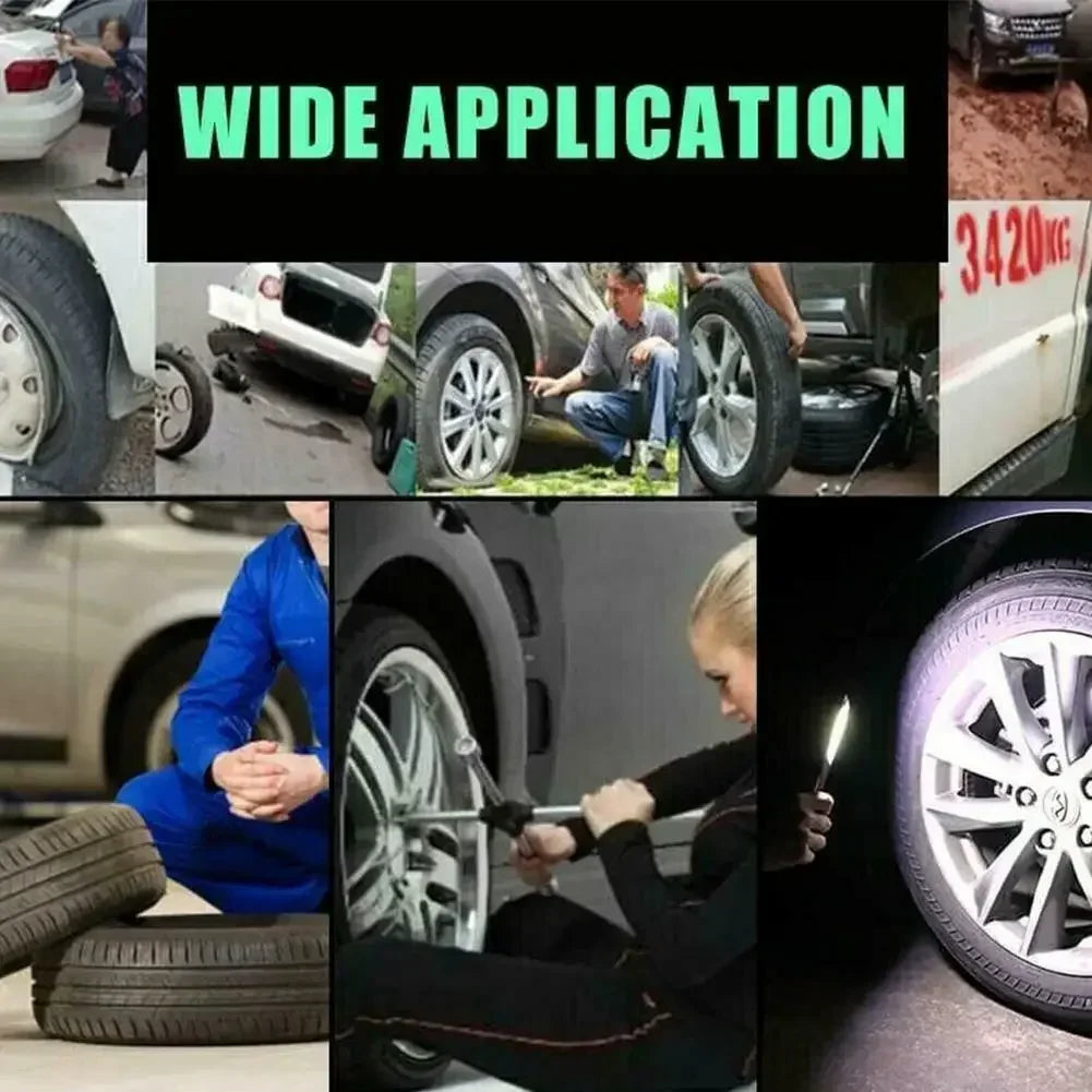 A collection of images showing a wide application tire repair nail kit being used on various vehicles and tires.