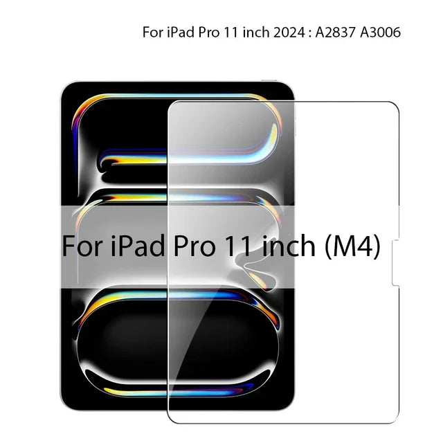 Tempered glass screen protector for iPad Pro 11 inch (M4) showing various cutouts and protective film layers.