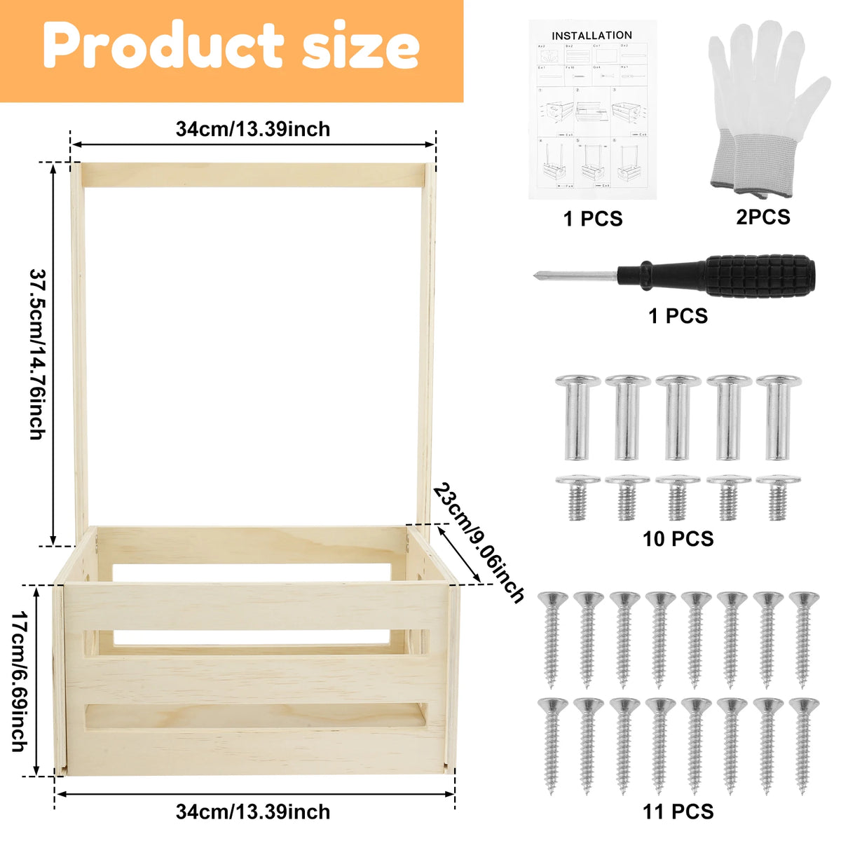 Wooden storage crate with a long handle and various screws shown for installation